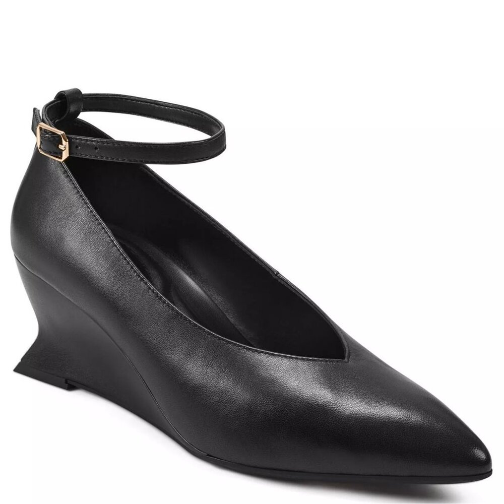 AEROSOLES Isolda Black Leather Upper Pump Wedge Shoes Size 7